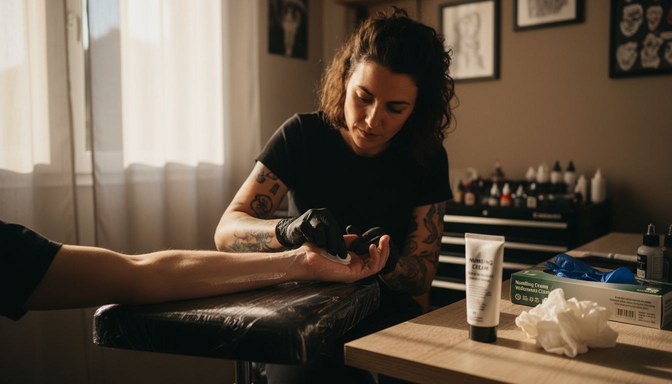 De artiest brengt met aandacht verdovende crème aan, zodat de behandeling zo comfortabel mogelijk verloopt.