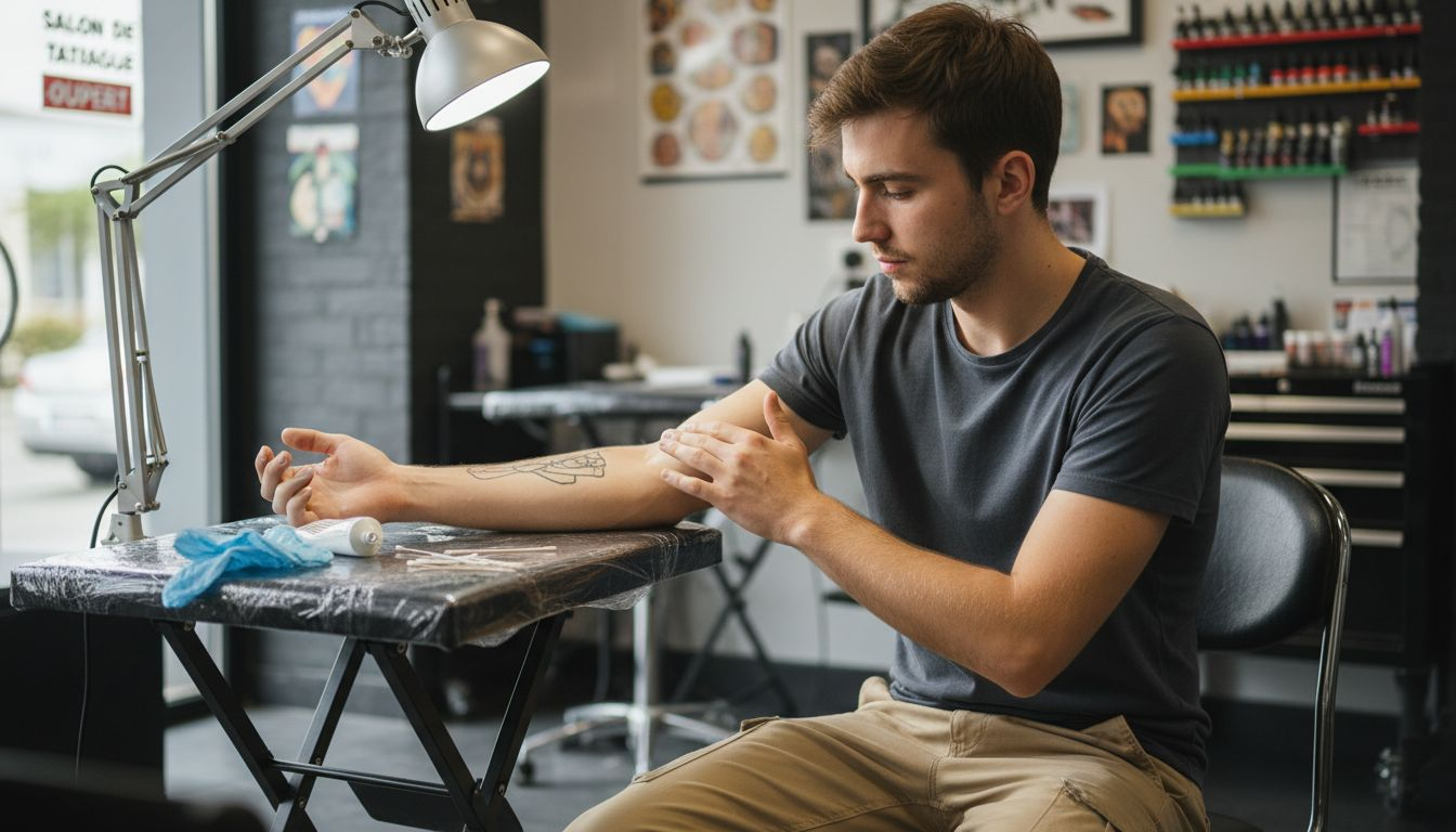Une personne qui prépare sa peau en appliquant une crème avant de se faire tatouer.