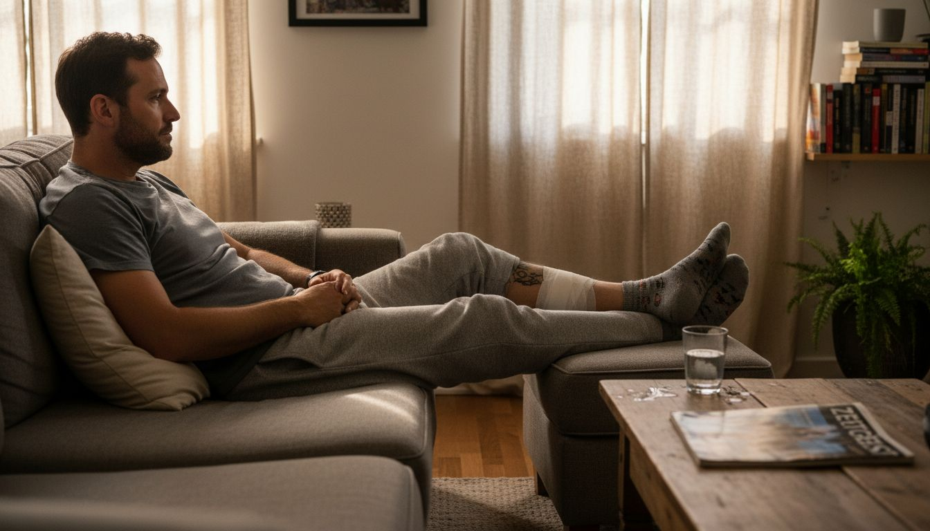 Ein Mann entspannt sich, während sein frisch gestochenes Tattoo noch verbunden ist.