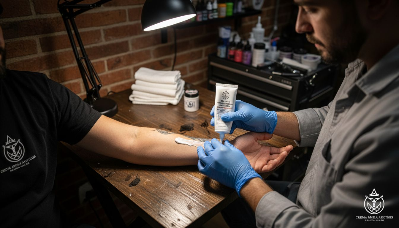 El tatuador está aplicando una crema anestésica sobre el brazo del cliente antes de comenzar el tatuaje.