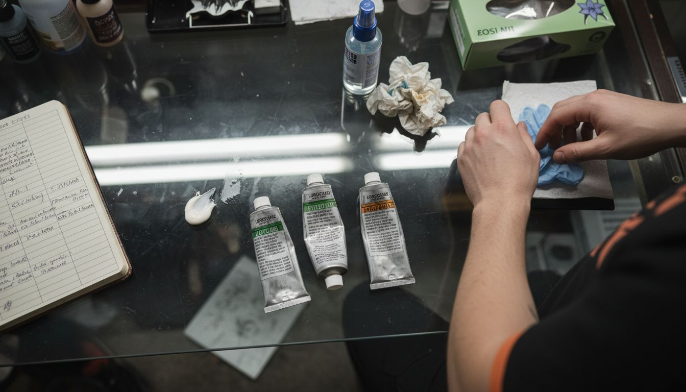 Different numbing cream tubes on tattoo studio counter