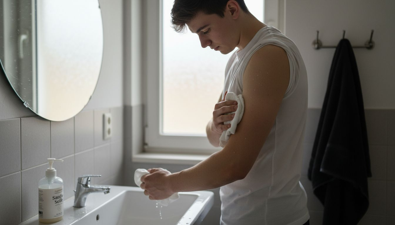 Im Badezimmer bereitet ein Mann seinen Arm für ein Tattoo vor und reinigt die Haut gründlich.
