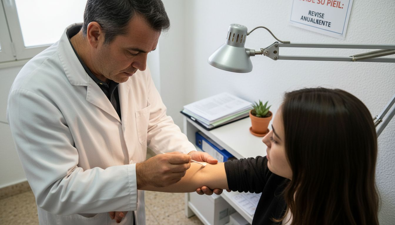 El dermatólogo examina la piel antes de realizar una prueba.