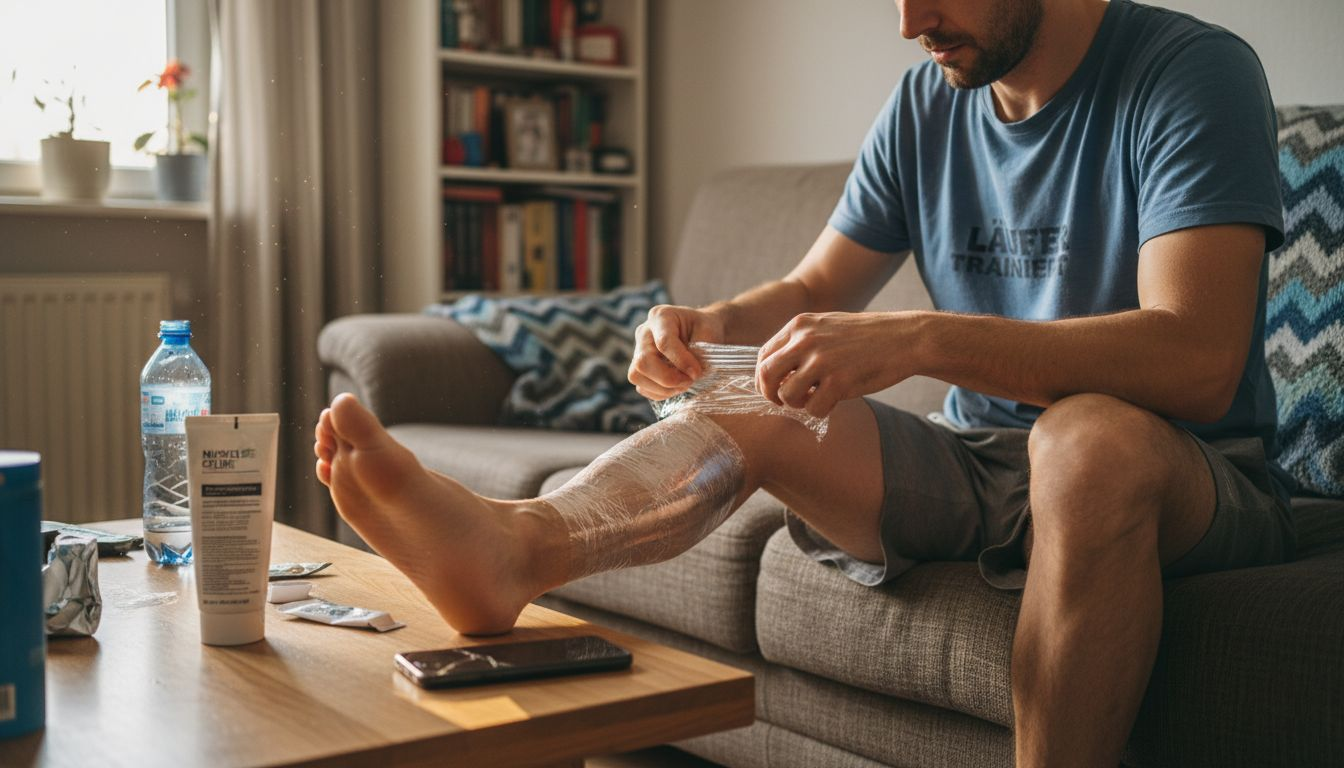 Ein Mann legt Frischhaltefolie über die zuvor betäubte Haut.