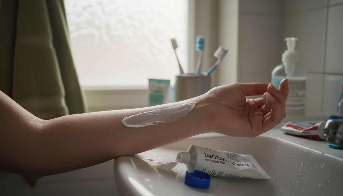 Detailní záběr na nanášení znecitlivující masti na předloktí