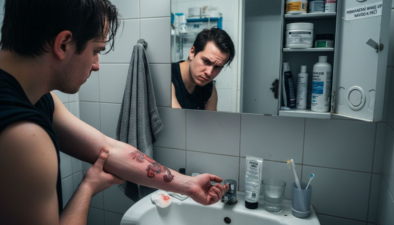 Muž si prohlíží podrážděnou kůži kolem tetování