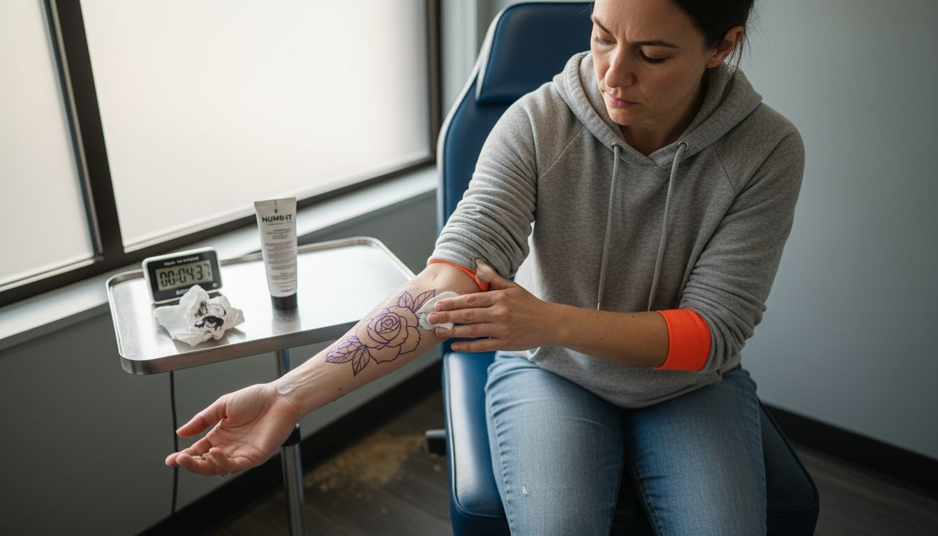Woman applies numbing cream for tattoo