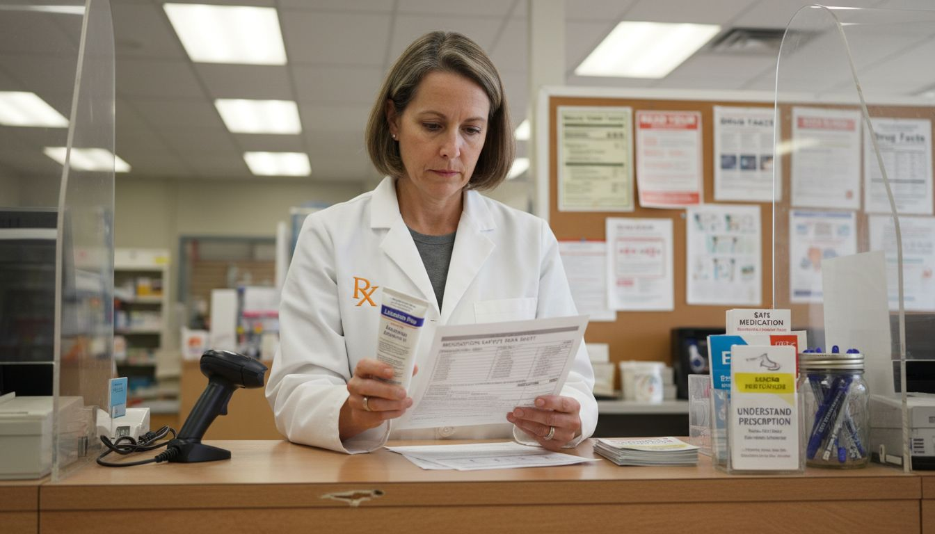 Pharmacist checking numbing cream label at counter