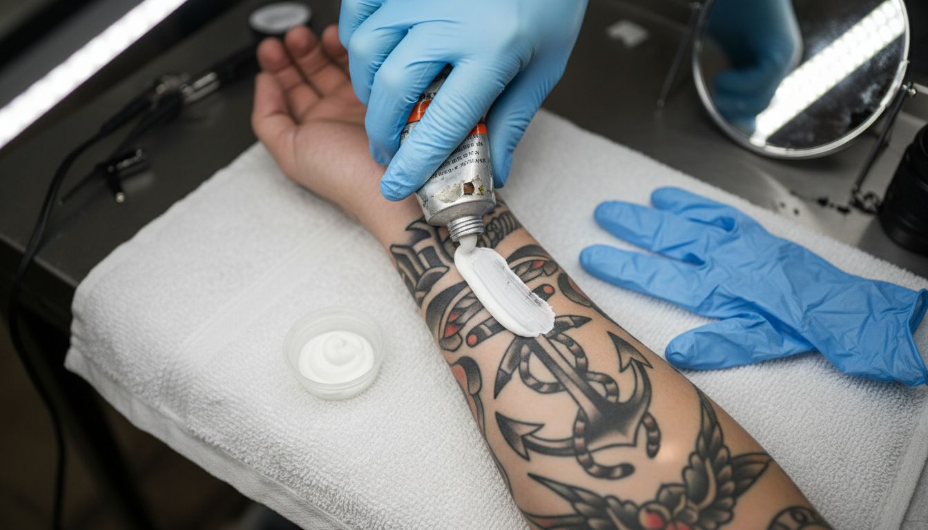 Gloved hand applies numbing cream to forearm