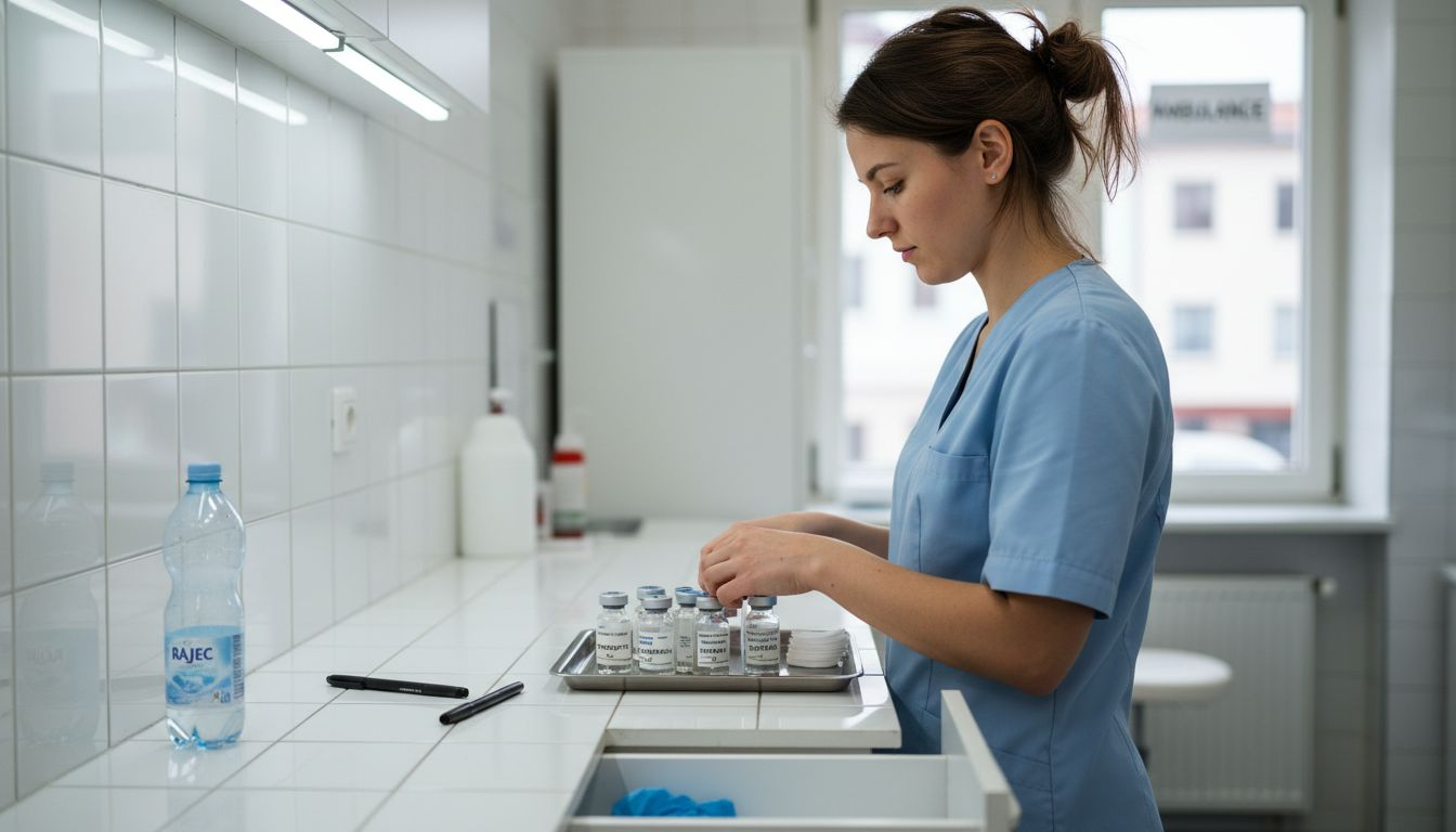 Zdravotní sestra připravuje ampule s anestetikem na klinice.