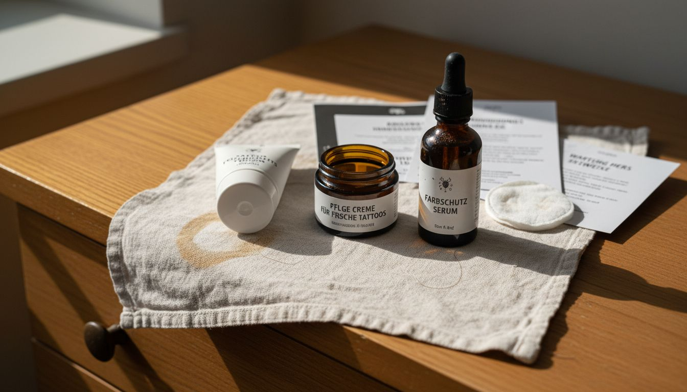 Pflegeprodukte für Tattoos und ein benutztes Wattepad