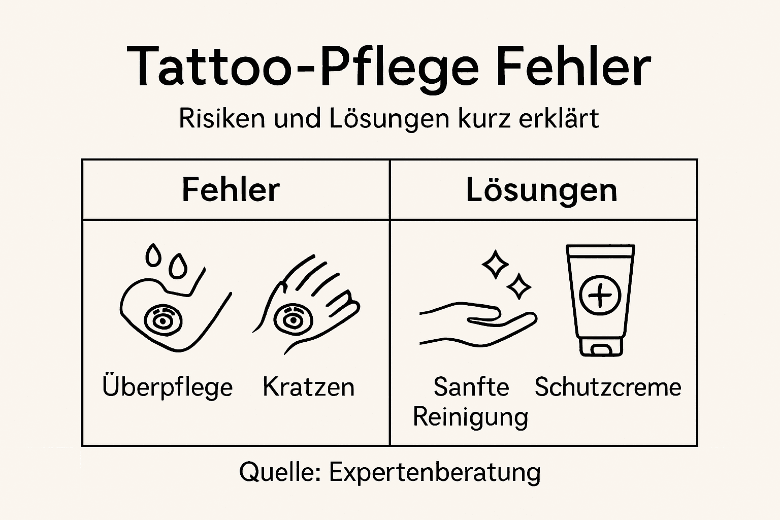 Diese Infografik zeigt typische Fehler bei der Tattoo-Pflege und wie du sie vermeiden kannst.
