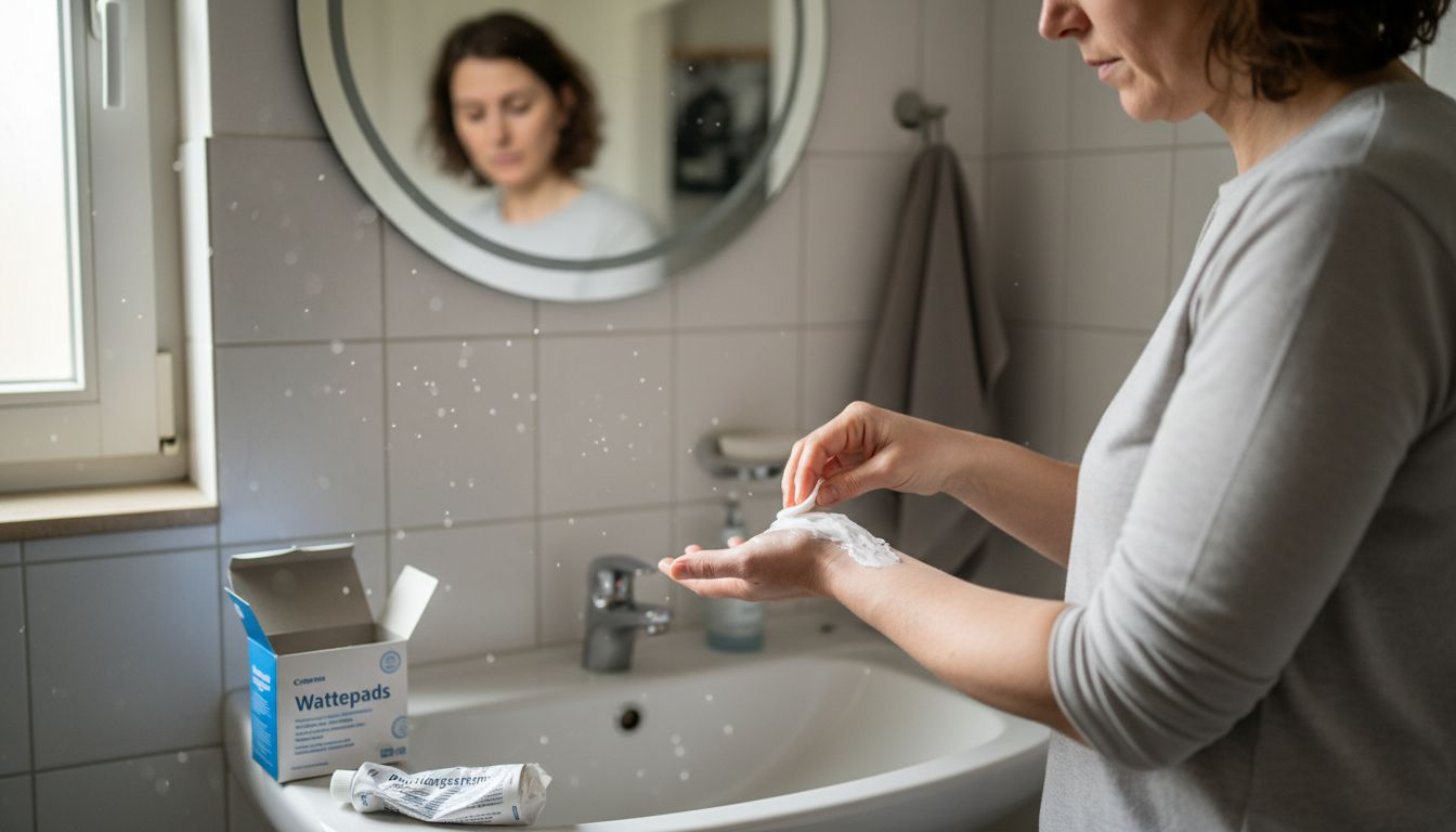 Eine Frau trägt eine betäubende Creme auf, um sich für ihr Tattoo vorzubereiten.