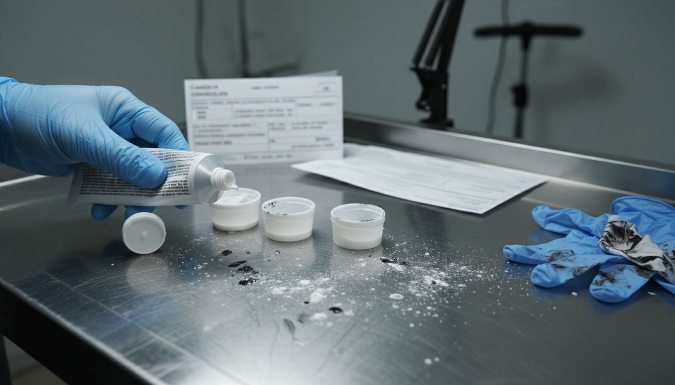 Componentes de la crema anestésica dispuestos sobre la mesa