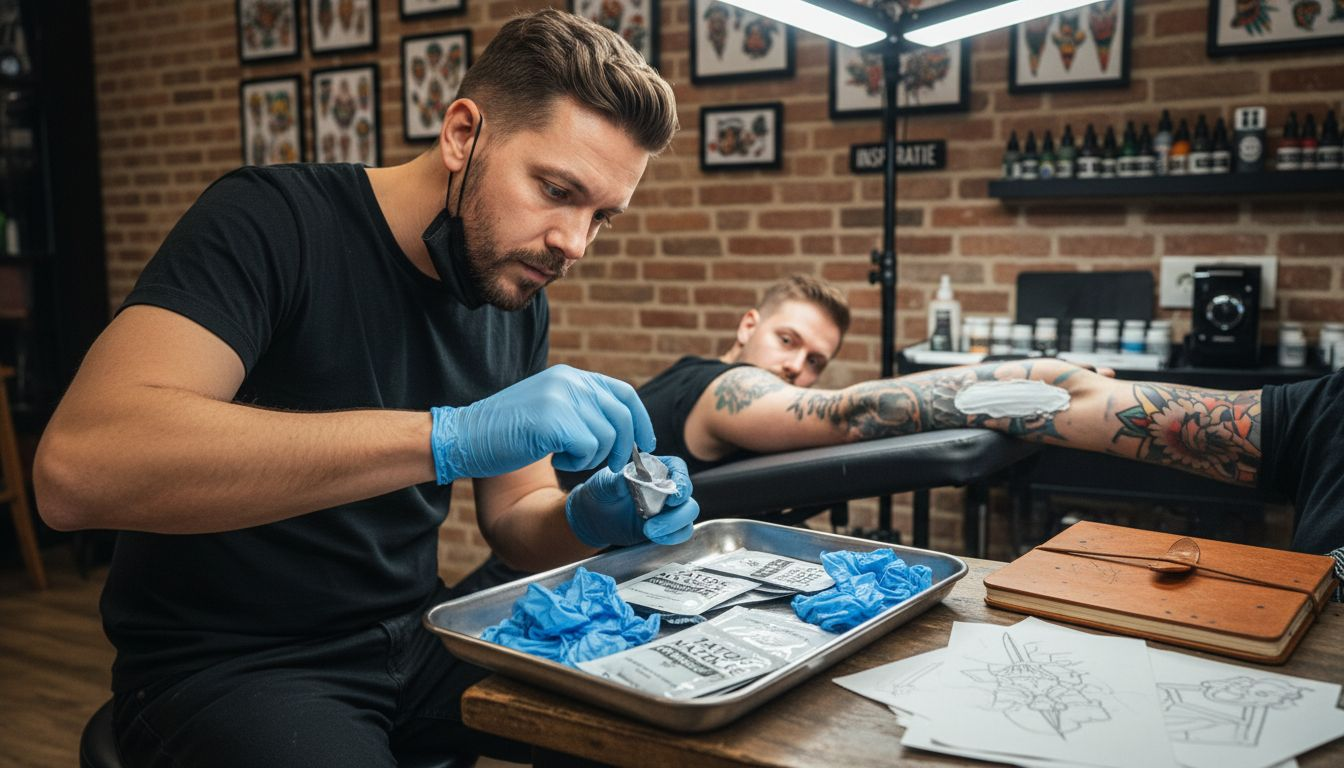 De tatoeëerder smeert een verzorgende crème op de arm van de klant.