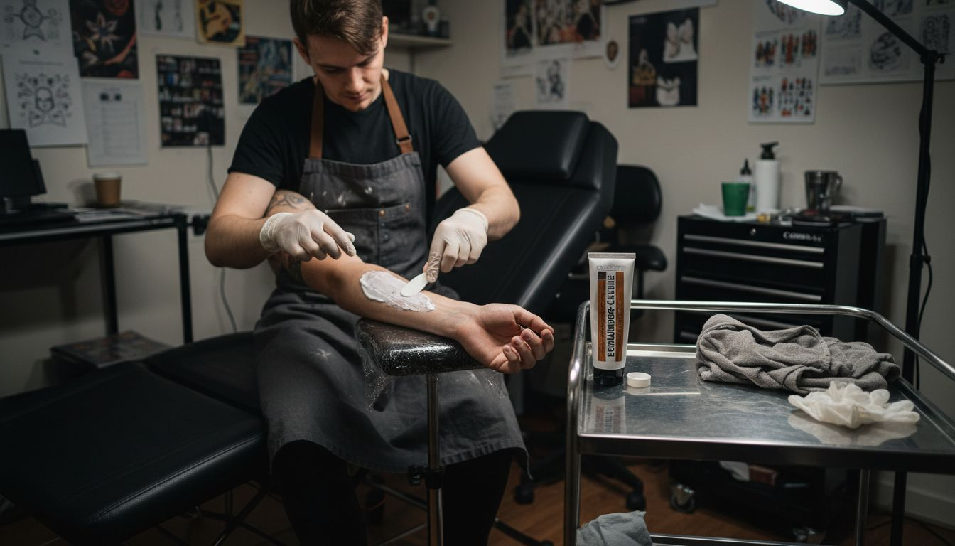 Der Tätowierer trägt eine betäubende Creme auf, um die Haut vor dem Stechen zu schützen.