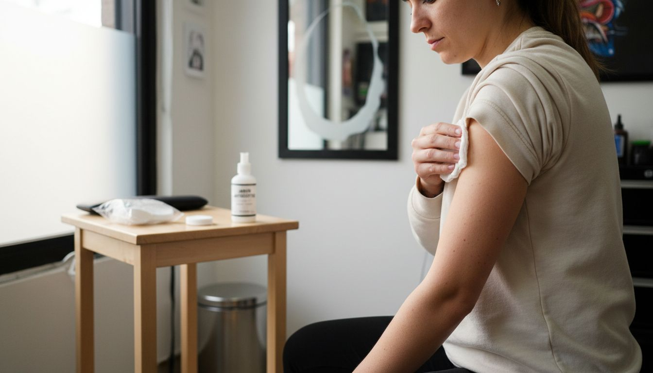 Una mujer prepara su piel antes de hacerse un tatuaje, limpiándola cuidadosamente.