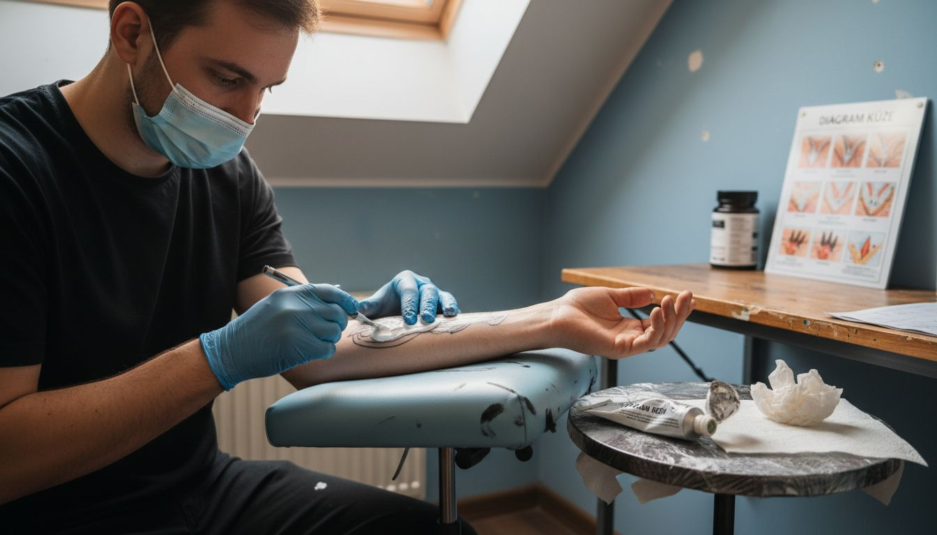 Tatér nanáší znecitlivující krém, aby klientovi zpříjemnil tetování.