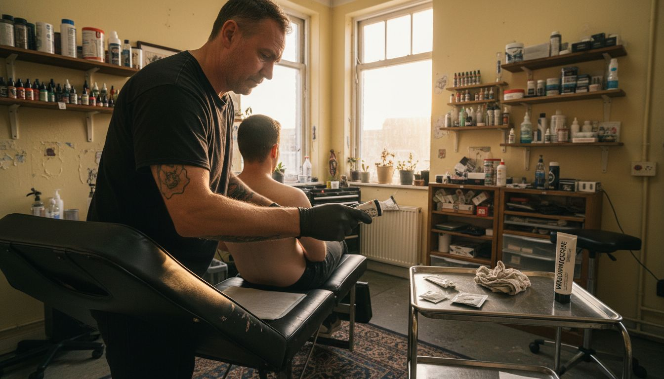 Een tatoeëerder brengt verdovende zalf aan om het tatoeëren minder pijnlijk te maken.