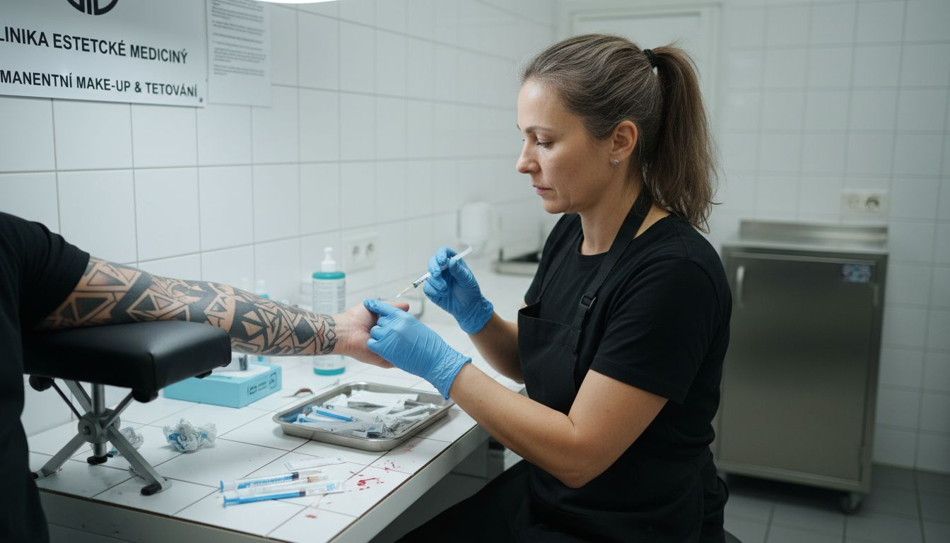 Tatér podává klientovi v salonu injekci s anestetikem, aby zmírnil bolest při tetování.