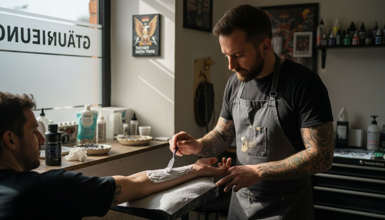 Bevor das Tattoo gestochen wird, trägt der Tätowierer eine betäubende Creme auf.