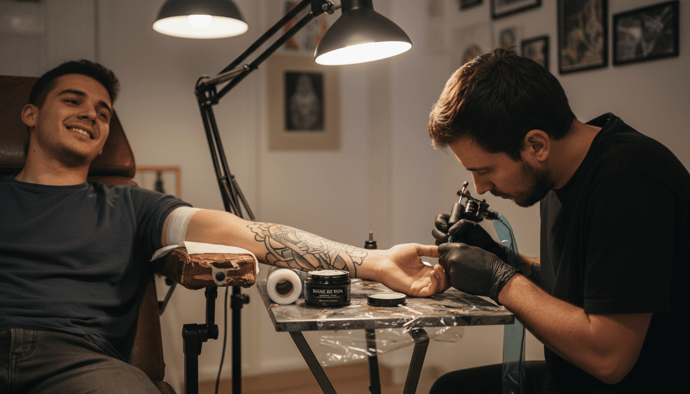 Le client est détendu pendant la séance de tatouage sur le bras.