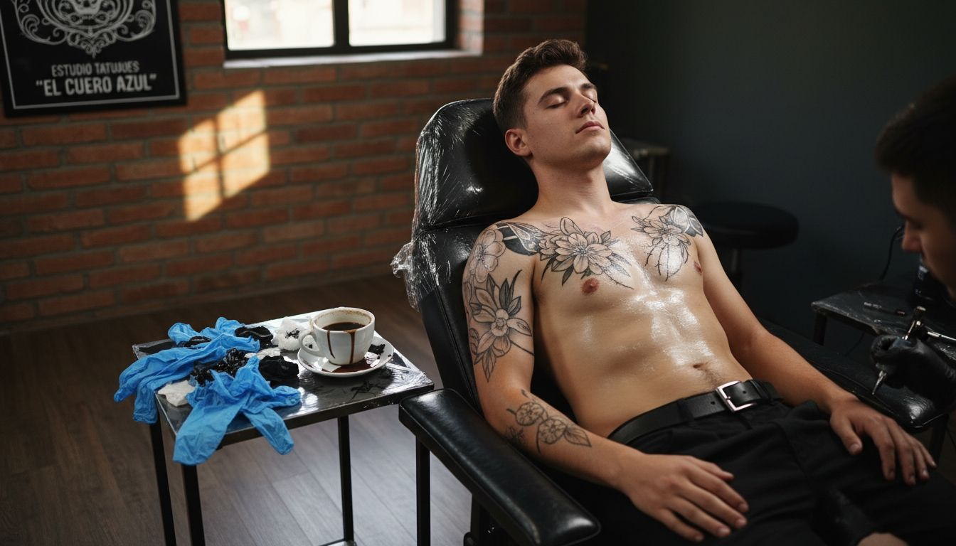 Persona descansando mientras le aplican crema en el área del tatuaje