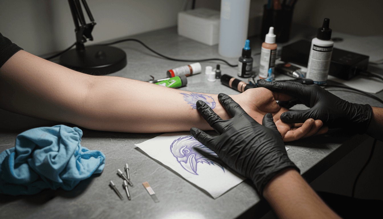 Ein Tätowierer prüft an der Haut des Kunden, wie gut das Betäubungsmittel wirkt.