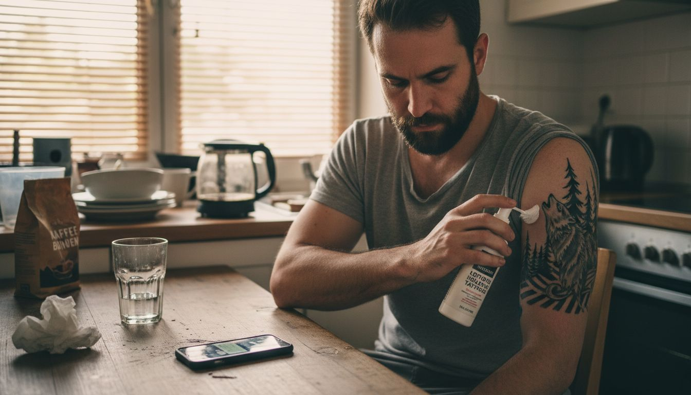 Ein Mann pflegt sein frisch gestochenes Tattoo und trägt behutsam eine Heilsalbe auf.