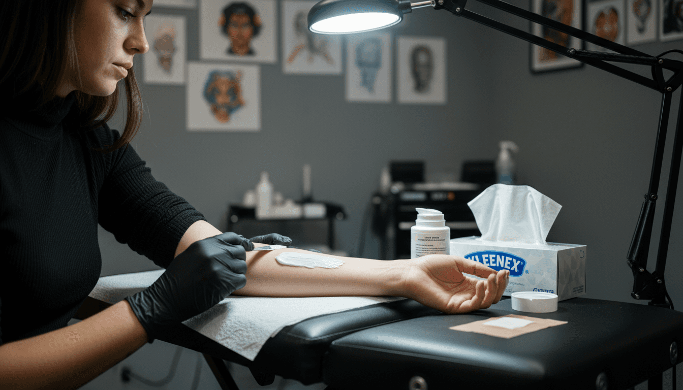 Le tatoueur étale une crème anesthésiante sur le bras du client avant de commencer le tatouage.