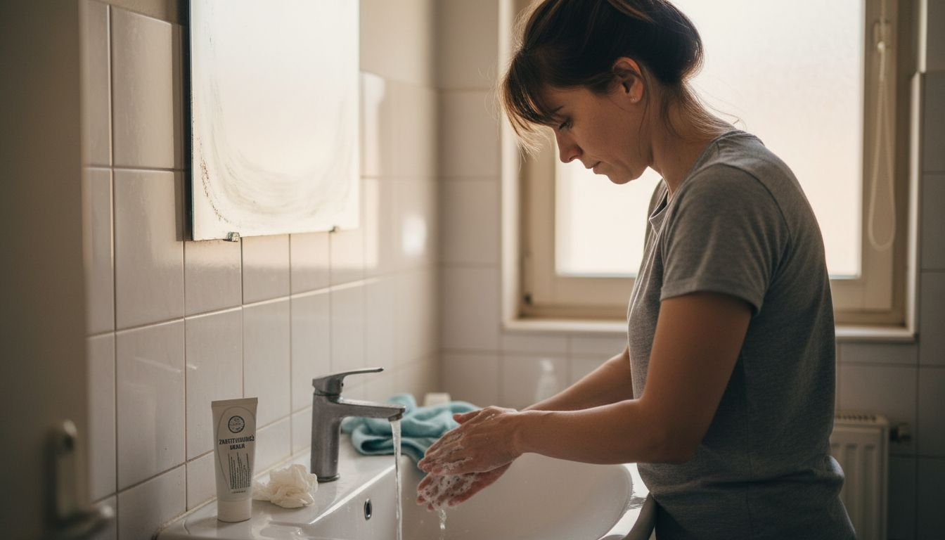 Žena si před tetováním důkladně umývá předloktí.