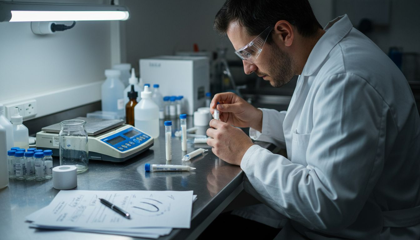 Especialista verificando la composición de una crema anestésica