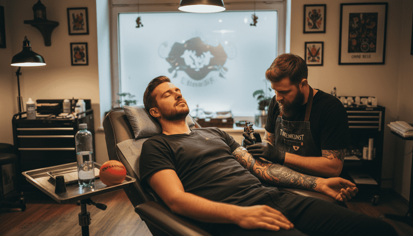 Ein entspannter Mann genießt das Glücksgefühl, das ihm das Tätowieren beschert.