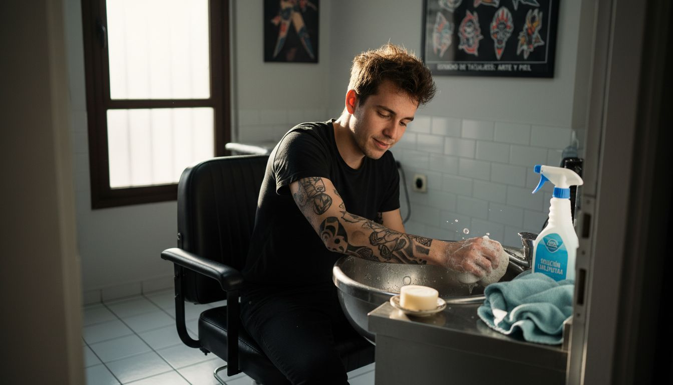 Cliente de tatuajes lavándose el brazo antes de comenzar la sesión