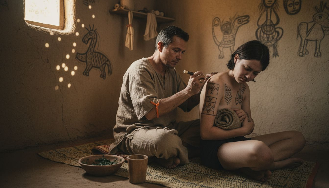 Ancient artisan tapping traditional tattoo by hand