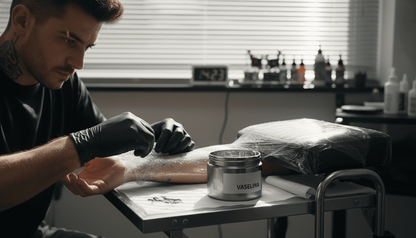 El tatuador cubre la piel recién tatuada con un film plástico para proteger la zona.