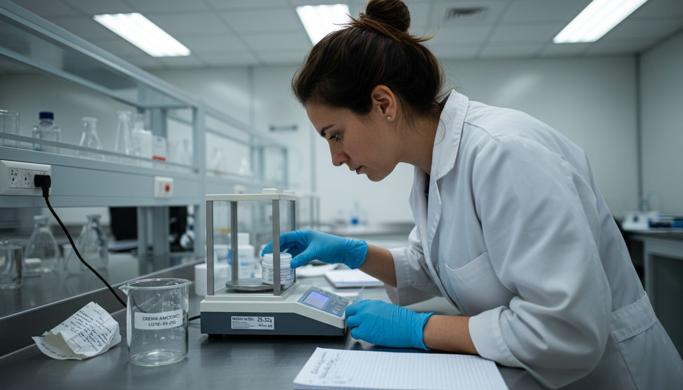 Técnica realizando el pesaje de crema anestésica en el laboratorio