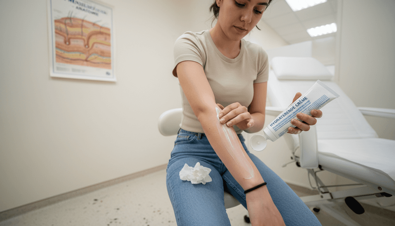 Een vrouw smeert lidocaïnecrème op de binnenkant van haar arm.