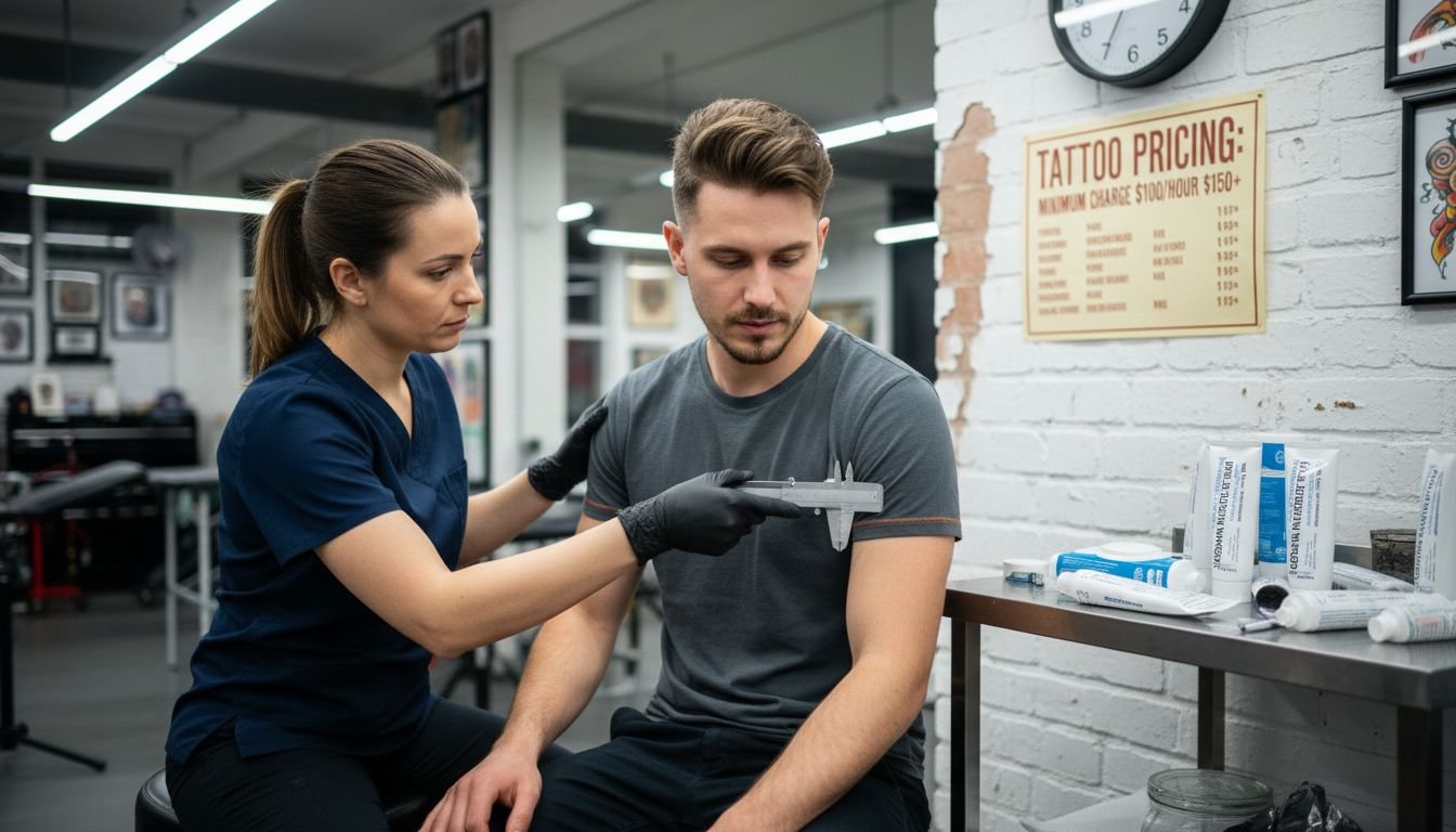 Technician measuring skin thickness for numbing duration