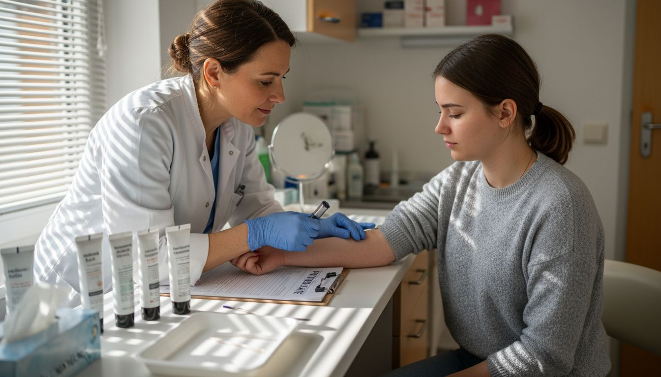 Nach der Anwendung eines Anästhetikums untersucht der Dermatologe die Haut sorgfältig auf mögliche Reaktionen oder Veränderungen.