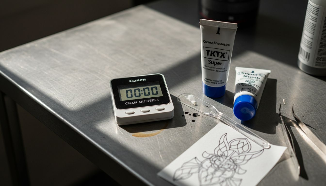 Detalle de un temporizador junto a cremas anestésicas para tatuajes