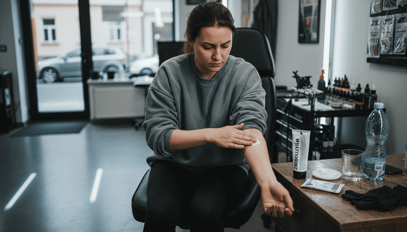 Klient si před tetováním nanáší znecitlivující krém.