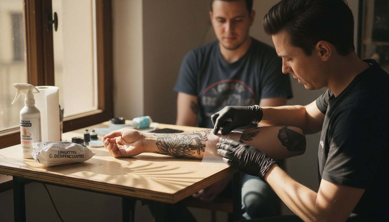 Le tatoueur protège le nouveau tatouage en posant un pansement.
