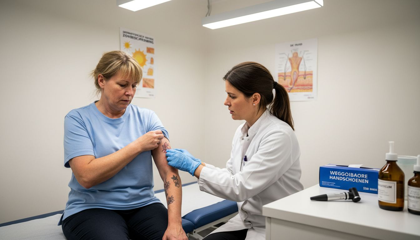 Een vrouw laat haar geïrriteerde tatoeage zien aan de dermatoloog voor advies.