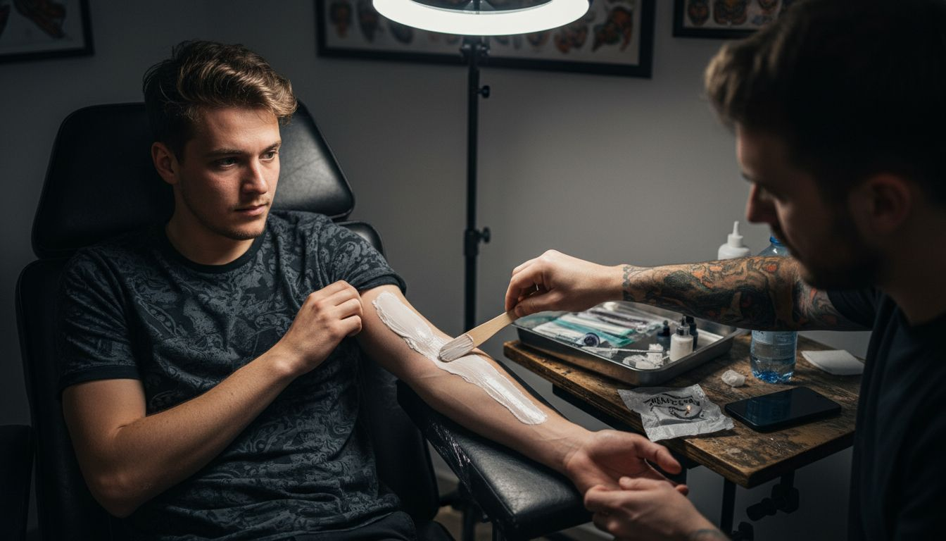 Vor Beginn des Tätowierens bekommt der Kunde eine betäubende Creme auf die Haut aufgetragen.