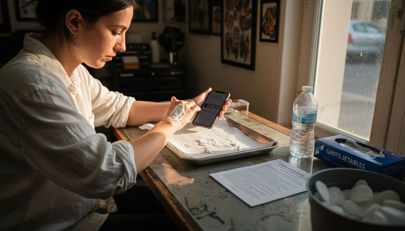 Un client applique une crème anesthésiante avant de se faire tatouer en salon.