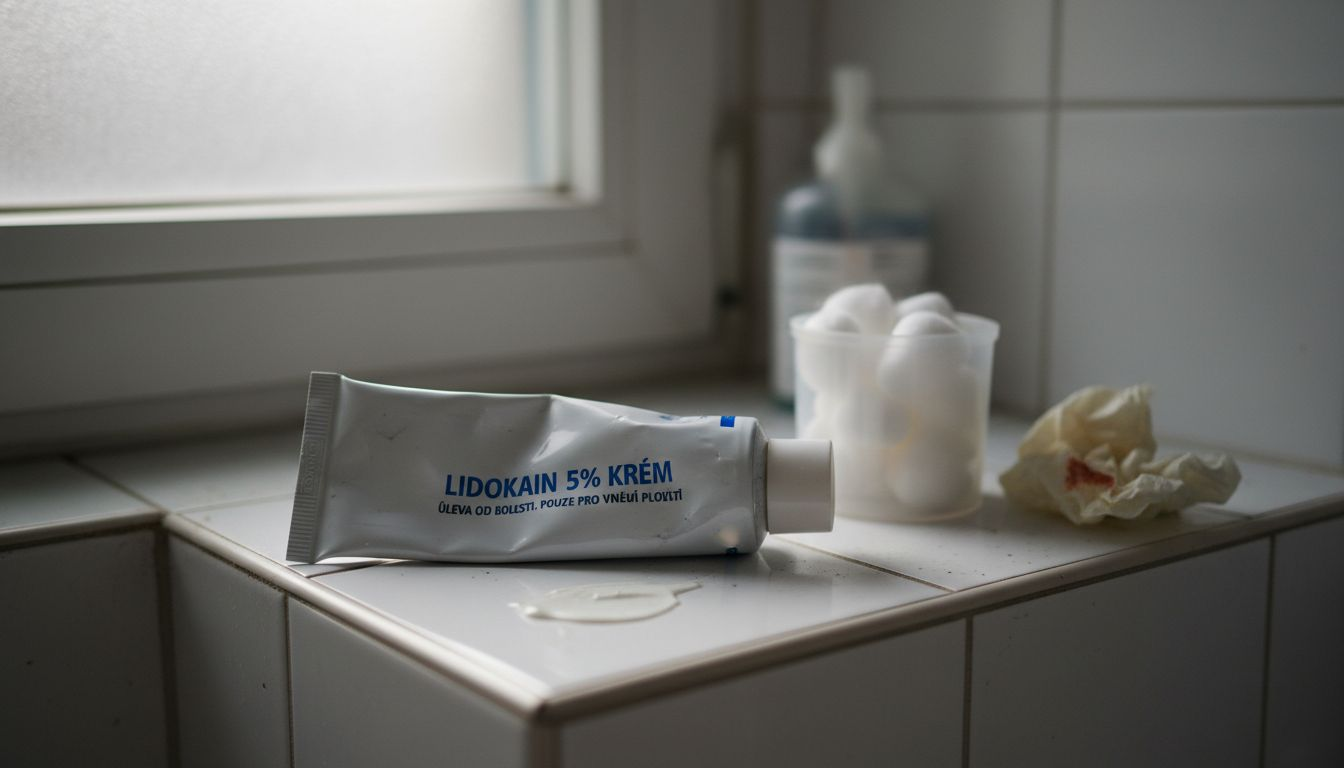 Detailní pohled na tubu lidokainového krému položenou v koupelně.