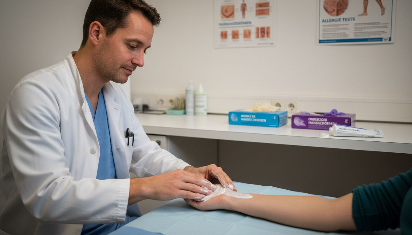 Een dermatoloog brengt verdovende crème aan op de onderarm.