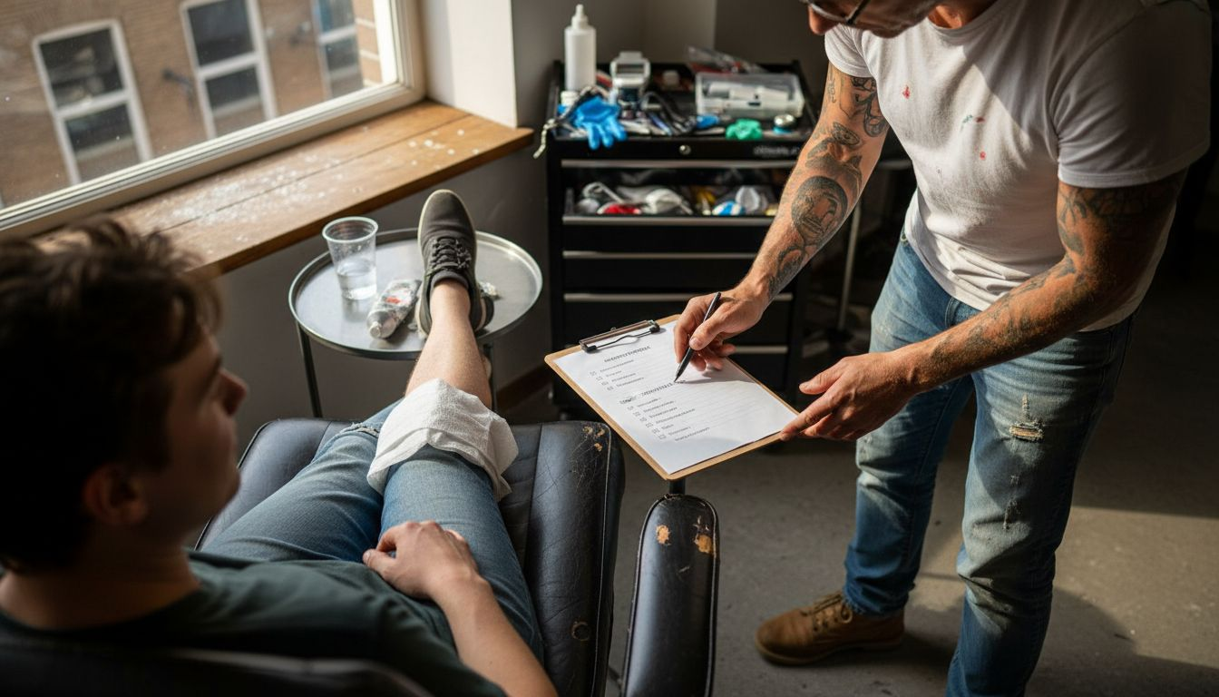 Een tatoeëerder werkt met een checklist om zijn klanten zo goed mogelijk te begeleiden en verzorgen.