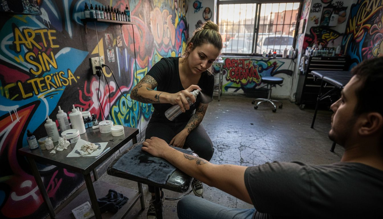 Uso de spray anestésico durante una sesión de tatuaje en el estudio